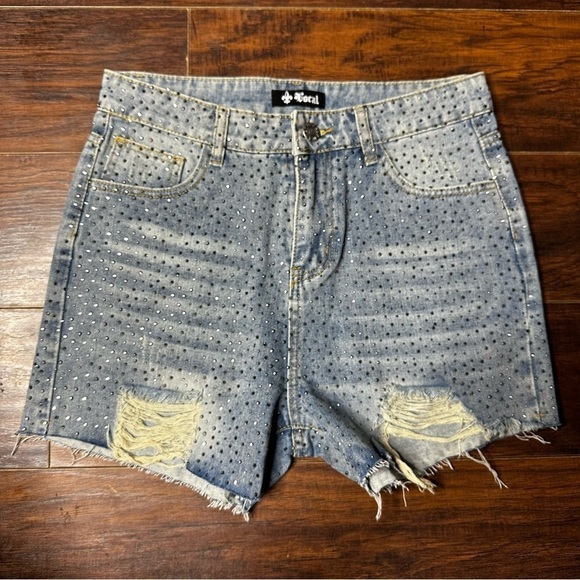 Vocal Embellished Jeweled Cut Off Denim Shorts - Picture 1 of 4